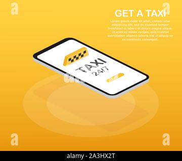 Ein Taxi bekommen. Taxi banner Isometrische. Online mobile Anwendung um taxi service horizontal Abbildung. Vector lieferbar Abbildung. Stock Vektor