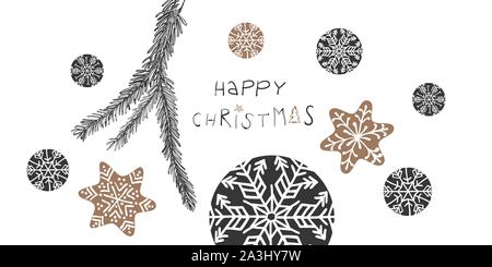 Gruß an Weihnachten mit dekorativen Zierpflanzen Schwarz und Gold flitter Hand gezeichnet Retro-look und Typ frohe Weihnachten - für horizontale Weihnachtskarten Stock Vektor