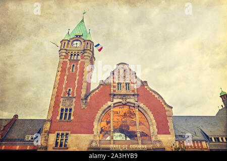 Alter Bahnhof von Elsass touristische Stadt Colmar mit retro style Filter Stockfoto