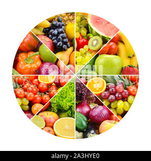 Helle Früchte und Gemüse in den runden Rahmen auf weißem Hintergrund. Stockfoto