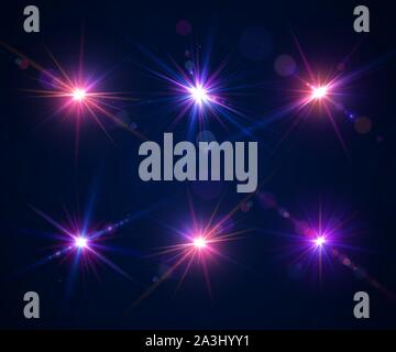 Funkelndes licht Effekte von Flash. Glühende Lens Flares und bunten Funkeln. Reihe von schönen Blendeffekte mit Bokeh, glitter Teilchen und Strahlen. Shi Stock Vektor