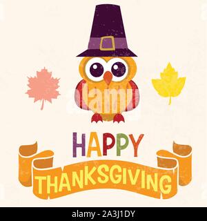 Retro Thanksgiving Day card Design mit niedlichen kleinen Eule in Pilgrim Hut auf hellen Hintergrund Stock Vektor