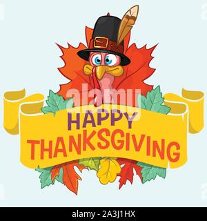 Happy Thanksgiving Truthahn mit Herbstlaub, Vektor Karte Stock Vektor