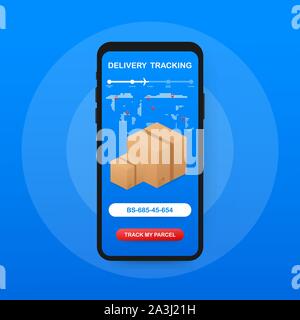 Paketverfolgung. Hand mit Karton Paket smartphone, Lupe und Tracking-Taste am Handy angezeigt. Vector lieferbar illustratio Stock Vektor
