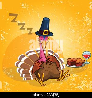 Schlafen in der Türkei nach dem guten Essen mit Kuchen und einem Glas Rotwein. Thanksgiving Abbildung: cartoon Türkei auf orange Hintergrund isoliert Stock Vektor