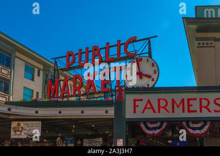 SEATTLE, Washington - Juli 1, 2019: Logging war Seattle's erste große Industrie, aber das ist seit langem durch die Schifffahrt, Tourismus, Technik ersetzt worden, und Stockfoto