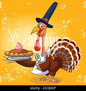 Thanksgiving Truthahn in Pilgrim hat das warme Kürbiskuchen. Vektor Zeichentrickfigur Stock Vektor