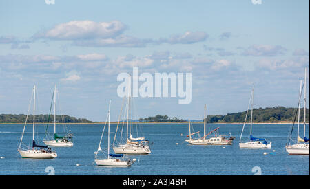 Segelboote auf bootsliegeplätze Sag Harbor, NY Stockfoto