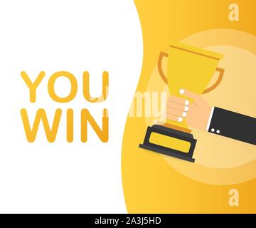 Sie gewinnen. Hand hält einen goldenen Preis Schale. Ein Gewinn, Führung und einen Wettbewerb Konzept. Vector lieferbar Abbildung. Stock Vektor