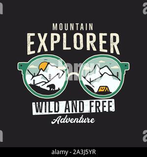 Mountain Explorer Grafik für T-Shirt, Drucke. Jahrgang Hand gezeichnet camp Emblem. Retro Sommer Winter reisen Szene, ungewöhnliche Abzeichen. Wild und frei Stock Vektor