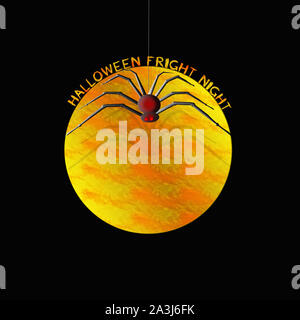 Halloween Bild des Großen unheimlich Spinne mit rot glühenden Augen hängen in großen gelben Mond auf schwarzem Hintergrund isoliert. Text oben liest, Halloween Stockfoto