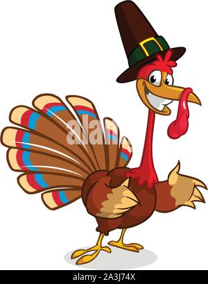 Cartoon Türkei in Pilgrim Hut. Thanksgiving Vector Illustration auf weißem Hintergrund Stock Vektor