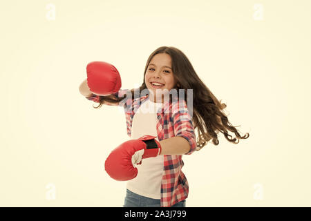 Fühle mich stark und unabhängig. Girls Power concept. Erziehung und starkem Charakter. Weibliche Rechte und Freiheiten. Mädchen Boxhandschuhe bereit zu kämpfen. Kid starke und unabhängige Mädchen. Stockfoto