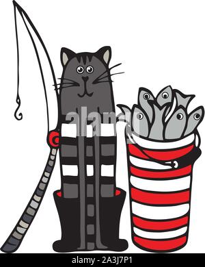 Katzenfischer mit einem Eimer Fisch und Angelrute. Vektor. Stock Vektor