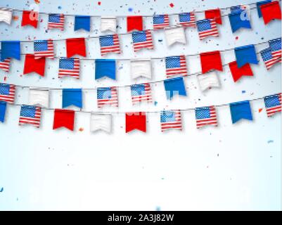 Girlanden, wimpelketten USA Fahnen. Dekorative patriotische Symbole für die nationalen Feiertage in den Vereinigten Staaten von Amerika. Vektor Banner für Independenc feiern Stock Vektor