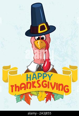 Happy Thanksgiving Truthahn in Pilgrim hut mit Herbstlaub, retro Vektor Karte Stock Vektor