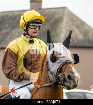 Jockey Connor Beasley auf Lady Joanna Vassa, vor dem Start der Royal Scots Club Handicap bei Musselburgh - 29. September 2019. Stockfoto