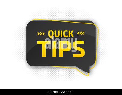 Sprechblase mit kleiner Tipp. Hilfreiche Tricks mit nützlichen Informationen für Website oder Blog. Schwarz-Gelbes Banner mit Text und zitieren. Vektor icon Stock Vektor
