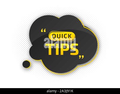 Tipps, hilfreiche Tricks. Banner mit nützlichen Informationen. Bunte tooltip, Hinweis auf die Website. Vektor Icon für die Lösung, Beratung. Schwarz-gelbe Rede Stock Vektor