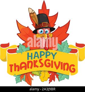 Happy Thanksgiving Truthahn in Pilgrim hut mit Herbstlaub, Vektor Karte Stock Vektor