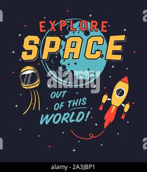 Jahrgang erkunden Raum Grafik für t-shirt, Poster. Platz propaganda Design mit dem Raumschiff, Shuttle, Helm und Mond. Retro Style Rakete und Sterne Stock Vektor