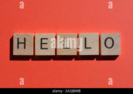 Hallo in 3d Holz- Alphabet Buchstaben auf einem einfachen Hintergrund isoliert Stockfoto