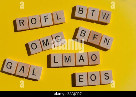 Internet Slang. Akronyme einschließlich ROFL Rolling On Floor Laughing, GAL, erhalten ein Leben, BFN, tschüss für heute, OH MEIN GOTT, Oh mein Gott, übrigens, durch die Art und Weise, EOS, Ende der Sh Stockfoto