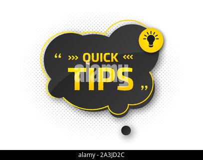 Tipps, hilfreiche Tricks. Banner mit nützlichen Informationen. Bunte tooltip, Hinweis auf die Website. Vektor Icon für die Lösung, Beratung. Schwarz-gelbe Rede Stock Vektor