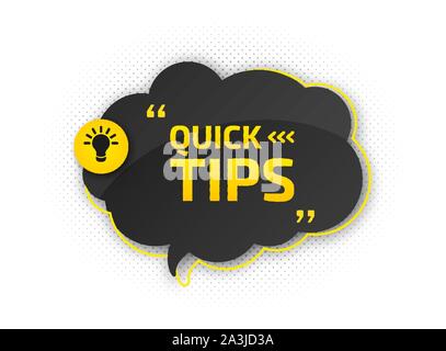 Sprechblase mit kleiner Tipp. Hilfreiche Tricks mit nützlichen Informationen für Website oder Blog. Schwarz-Gelbes Banner mit Text und zitieren. Vektor icon Stock Vektor