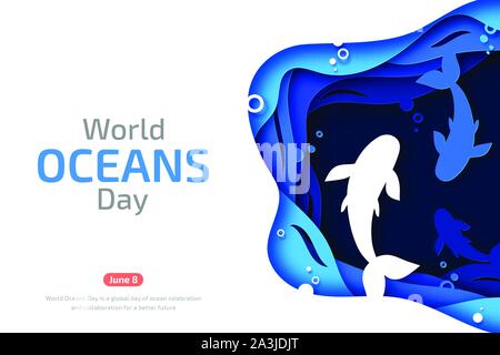 Papier Kunst der Welt der Ozeane. Feier eingeweiht zum Schutz und zur Erhaltung der Weltmeere, Wasser, Unterwasser Welt, Ökosystem. Poster mit Blau o Stock Vektor