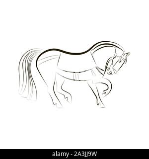 Pferd Silhouette auf weißem isoliert. Schwarze und weiße Vektor Hengst Kontur. Vektor Pferd Grafik. Minimalistisches Design. Pferd und Ausrüstung. Uhr Stock Vektor
