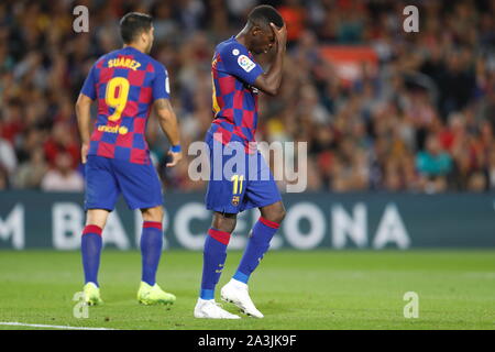 Barcelona, Spanien. 6. Okt, 2019. Armenian Dembele (Barcelona) Fußball: Dembele niedergeschlagen nach mis während der spanischen La Liga Santander' Match zwischen dem FC Barcelona 4-0 FC Sevilla im Camp Nou in Barcelona, Spanien. Credit: mutsu Kawamori/LBA/Alamy leben Nachrichten Stockfoto