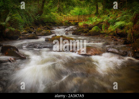 Die Holzbrücke über den Fluss Melin Stockfoto