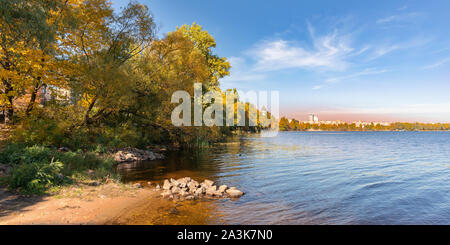 Blick auf Weiden und Schilf in der Nähe von dem Fluss Dnepr in Kiew im Herbst. Die Küste ist mit Sand bedeckt. Die Stadt erscheint im Hintergrund Stockfoto