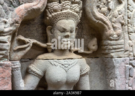 Bas Relief Wandbild der Khmer Kultur im Tempel Angkor Wat, Kambodscha, Nahaufnahme Stockfoto