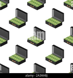 Portfolio mit Geld, Koffer mit Geld, Gold Münze und Bargeld in offenen Fall isometrische. Vector lieferbar Abbildung. Stock Vektor