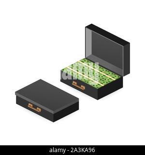 Portfolio mit Geld, Koffer mit Geld, Gold Münze und Bargeld in offenen Fall isometrische. Vector lieferbar Abbildung. Stock Vektor
