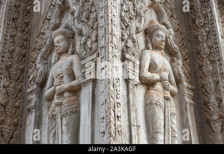 Bas Relief Wandbild der Khmer Kultur im Tempel Angkor Wat, Kambodscha, Nahaufnahme Stockfoto