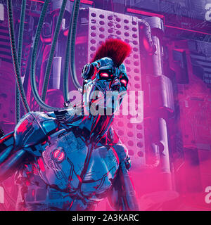 Die künstliche boy/3D-Darstellung der futuristischen metallische Science Fiction männlichen humanoiden Cyborg mit Irokesenschnitt Frisur Stockfoto