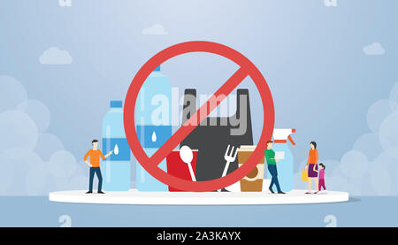 Stop Kunststoff Kampagne mit verschiedenen Flaschen Kunststoffe und andere mit Team Menschen und Symbol mit modernen Flat Style Ban-Vector Illustration Stockfoto