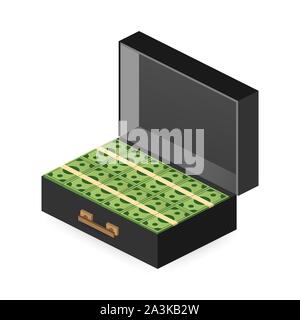 Portfolio mit Geld, Koffer mit Geld, Gold Münze und Bargeld in offenen Fall isometrische. Vector lieferbar Abbildung. Stock Vektor