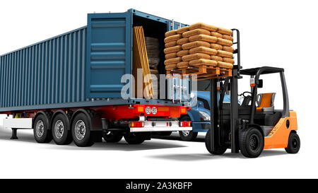 Modernes Konzept der Be- und Entladen von Fracht von Blau von Lkw mit Anhänger mit Baumaterialien und eine orange Gabelstapler mit Palette isoliert 3d Stockfoto