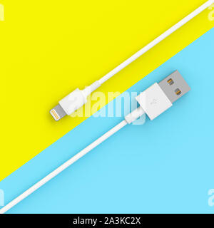 3D-Render eines klassischen usb-kabel auf einem blauen und gelben bicolor Hintergrund in einer flach Stil Stockfoto