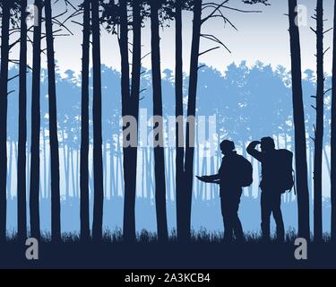 Realistische Darstellung der Landschaft mit Nadelwald mit Pinien unter blauem Himmel. Zwei Touristen, Mann und Frau, mit Rucksäcken auf der Suche nach einem Wa Stock Vektor