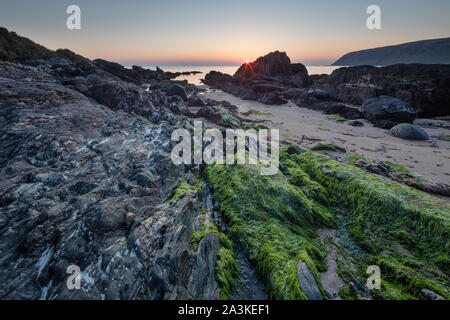 Felsen mit Algen und Flechten am Strand von Kinnagoe Bay bei Sonnenaufgang, Halbinsel Inishowen, Co Donegal, Irland Stockfoto