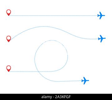 Flugzeug Travel Concept. Ebene mit Start- und Route gestrichelte Linie auf weißem Hintergrund. Vector lieferbar Abbildung. Stock Vektor
