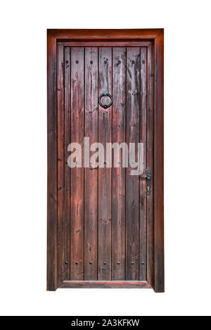 Eine hölzerne Tür aus vertikalen Bretter auf weißem Hintergrund Stockfoto