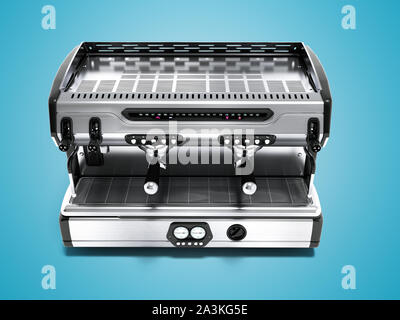 Modernes Metall professionelle Kaffeemaschine für 4 Tassen Vorderansicht 3D-Render auf blauem Hintergrund mit Schatten Stockfoto