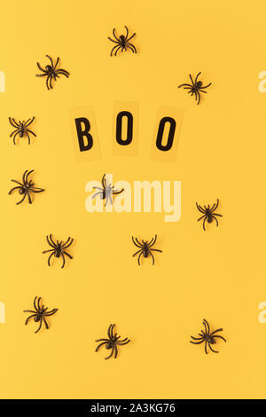 Halloween Ferienwohnung legen. Spinnen und Inschrift Buh auf orangem Hintergrund. Minimalistischer Stil. Vertikale. Trick-or-treat-Konzept. Stockfoto