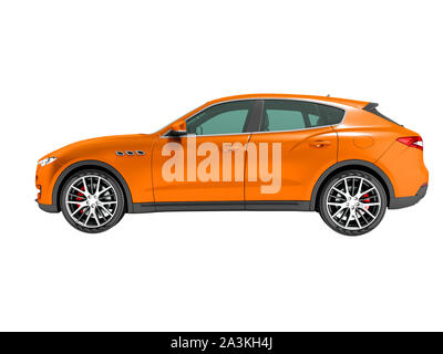 Moderne orange Auto Crossover für Geschäftsreisen Seitenansicht 3D-Rendering auf weißem Hintergrund kein Schatten Stockfoto